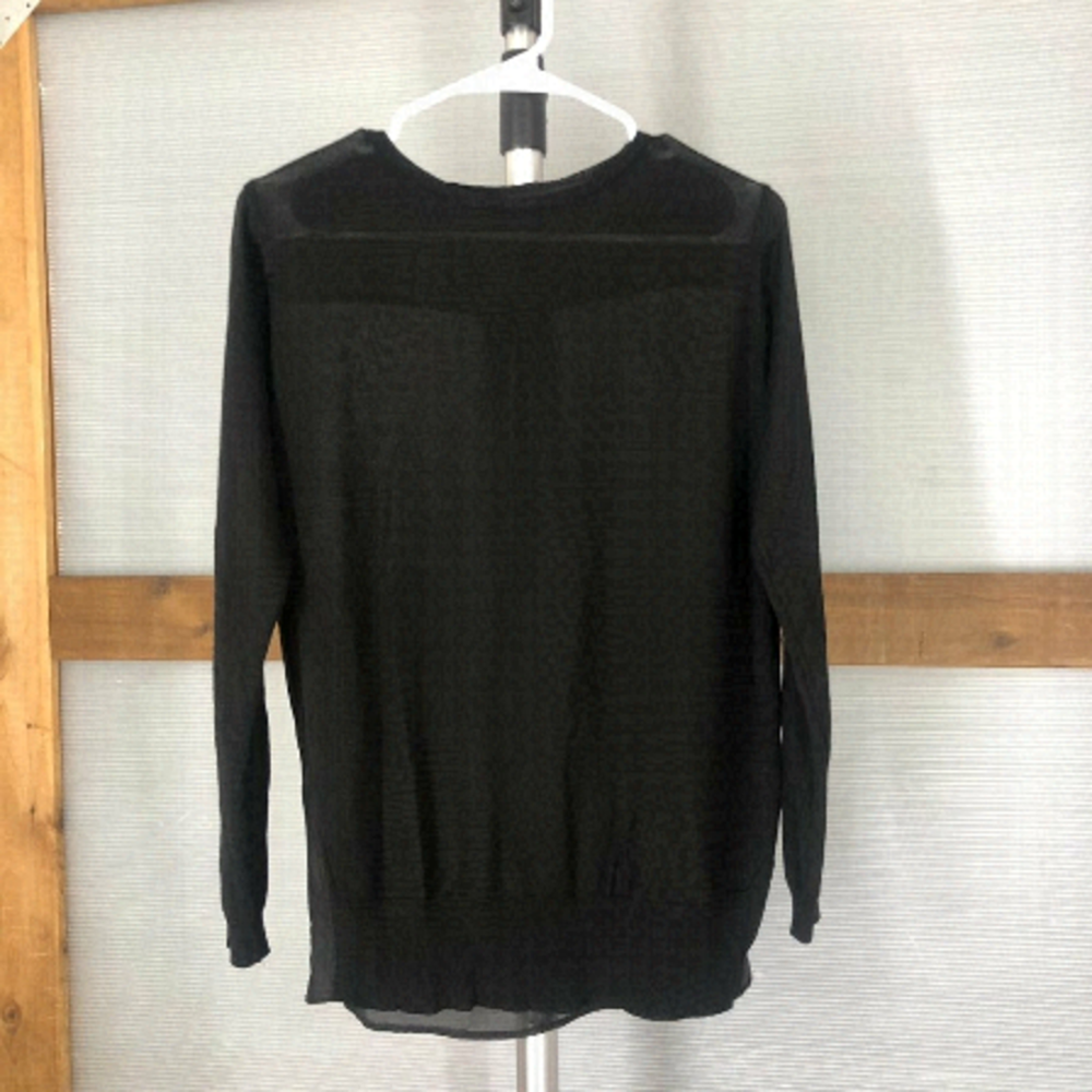 OAK + FORT Black Wool Blend Knit Front Sheer Back Long Sleeve Top Sz M